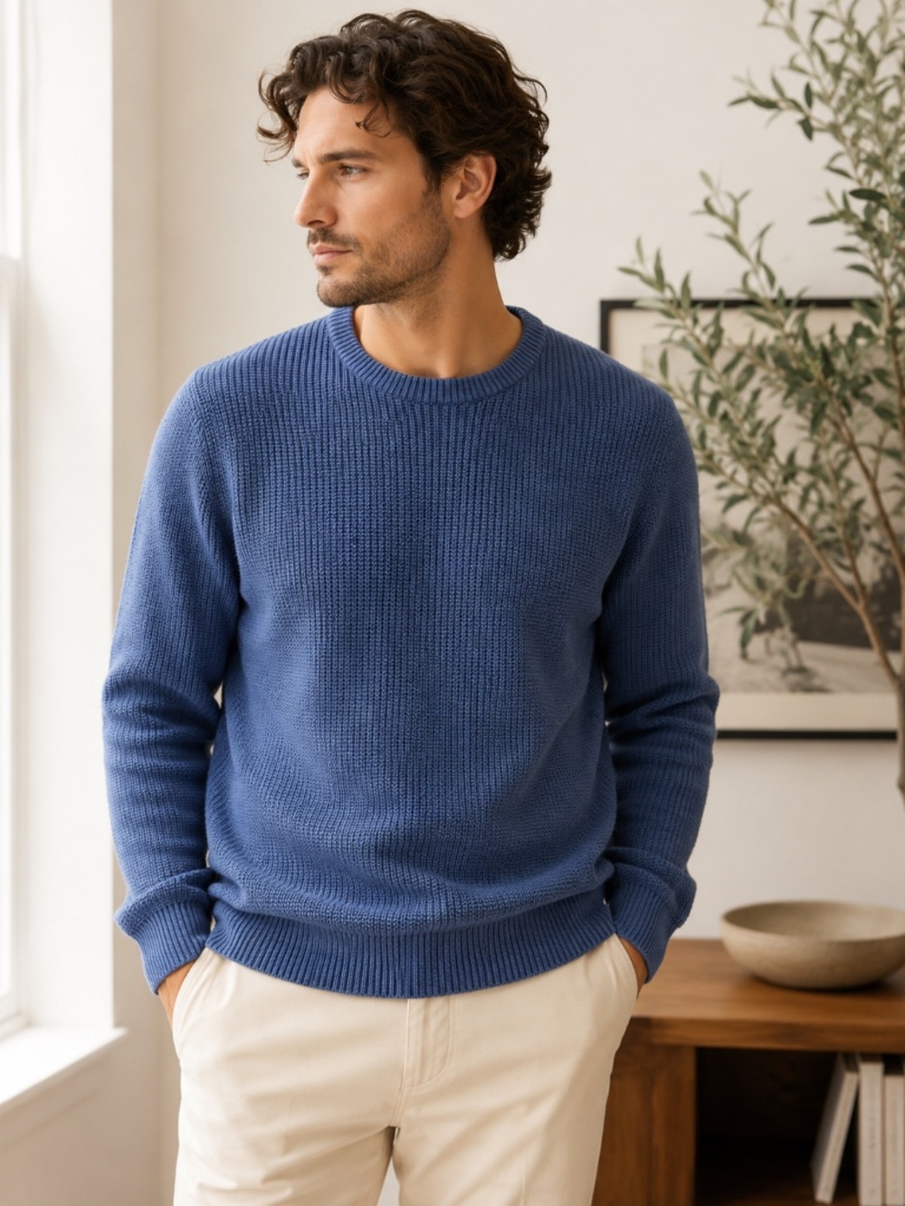Toad&Co Butte Crew Blue Cotton Blend Ribbed Crewneck Pullover Sweater | Size L
